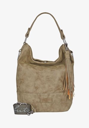 Bolso de hombro de ante color topo con un asa anudada, correa desmontable con logo y un largo fleco lateral.