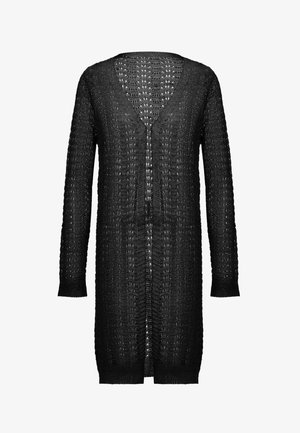 Černý pletený cardigan s V-výstřihem, dlouhými rukávy a otevřeným předním dílem. Obsahuje texturovaný vzor a žebrované manžety a lem.
