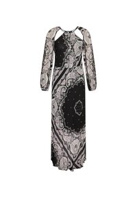 Longo abito nero con motivi paisley rosa e bianchi, con maniche lunghe e dettagli cut-out sulle spalle. Tessuto morbido.