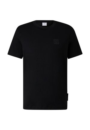 Black cotton t-shirt with a crew neck, short sleeves, and a subtle black logo on the chest. Features a straight hem with side tag.