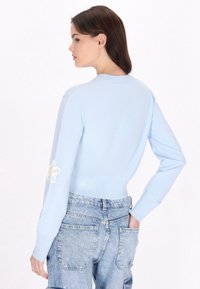 Maglione croppato azzurro chiaro con colletto e polsini a costine. La manica sinistra presenta un dettaglio ricamato floreale bianco e giallo. Indossato con jeans sbiaditi.