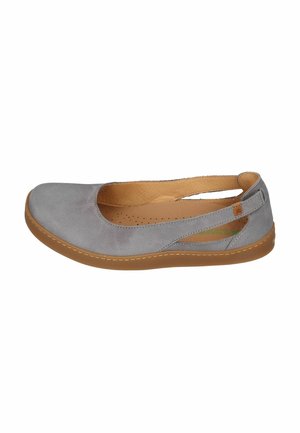 Gray leather flat shoe with tan cushioned insole, slingback strap, and rubber sole, shown from the side on white background.