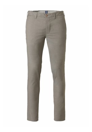 Pantalon beige pour homme coupe ajustée avec passants de ceinture, fermeture à boutons sur le devant et braguette zippée, présenté sur un fond blanc.