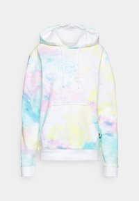 Hoodie tie-dye pastello con coulisse bianca, dotato di tasca a marsupio, materiale in puro cotone e dettaglio del logo frontale.