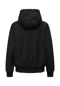 Black hooded jacket with elastic cuffs and hem, shown from the back on a white background.