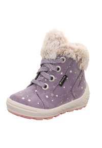 Lila Wildleder-Ankle-Boot mit weißem Sternmuster, Kunstfellkragen, silbernen Ösen und strukturiertem weißen Gummi-Sohle. Mit GORE-TEX-Branding.