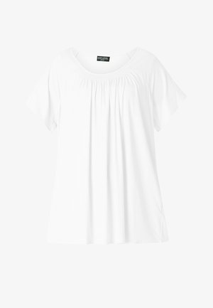 Witte korte mouwen top van zachte stof, met een gerimpelde halslijn en een relaxte pasvorm. Glad van structuur zonder zichtbare patronen of accenten.