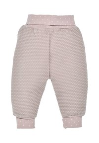 Gestreifte Babyhose aus weichem, hellrosa Material mit einem strukturierten Wabenmuster. Der Bund und die Bündchen sind mit weißen Punkten versehen. Elastischer Sitz.