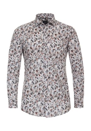Męska koszula z długim rękawem na guziki z kołnierzykiem, ozdobiona gęstym wzorem kwiatowym w odcieniach szarości, brązu i czerni na białym tle.