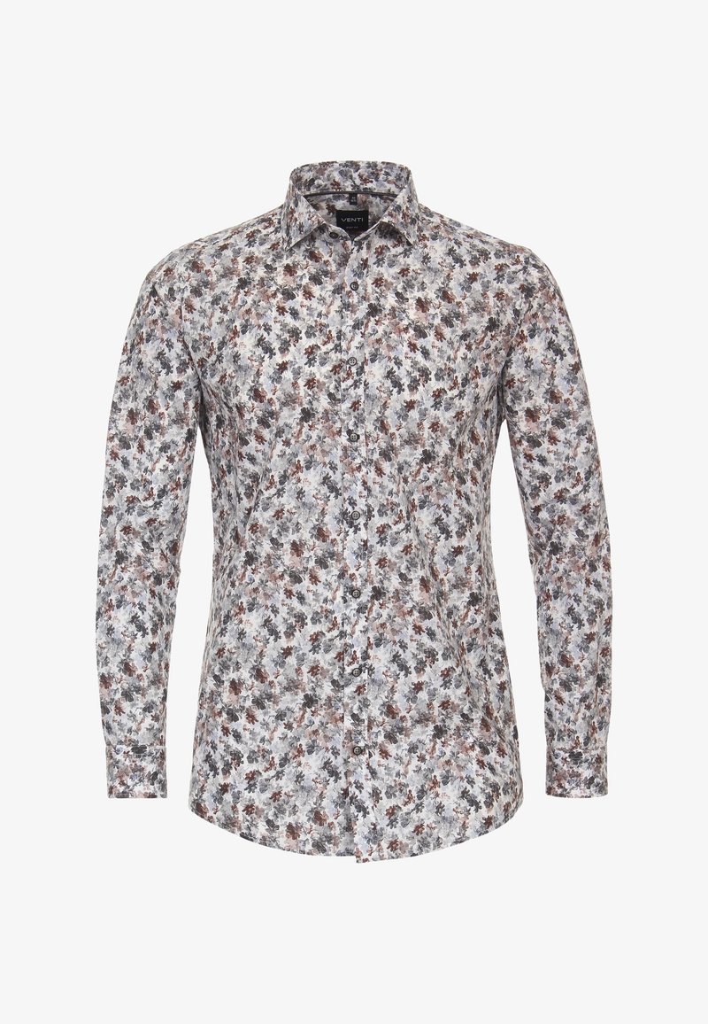 Chemise pour homme à manches longues avec col et boutonnière, présentant un motif floral dense en nuances de gris, marron et noir sur fond blanc.