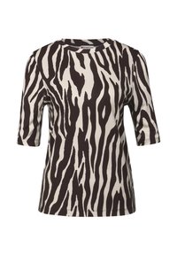 Lyhythihainen paita, jossa on musta ja kerma zebra-kuvio, pyöreä pääntie ja pehmeä, teksturoidusta kankaasta valmistettu.