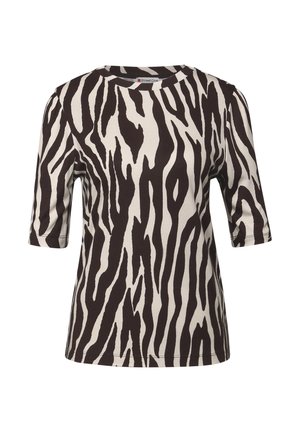 Chemise à manches courtes avec un motif zèbre en noir et crème, dotée d'un col rond et d'un tissu doux et texturé.