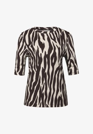 Koszula z krótkim rękawem w wzór zebry w kolorze czarnym i kremowym, z okrągłym dekoltem i miękkim, teksturowanym materiałem.