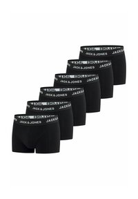 Zwarte boxershorts met elastische tailleband met het logo "JACK & JONES". Zes paar afgebeeld in een rij, gemaakt van een zachte, rekbare stof.