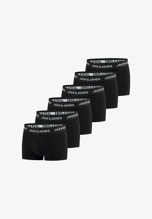 Black boxer briefs with elastic waistband featuring "JACK & JONES" logo. Six pairs displayed in a row, made from a soft, stretchable fabric.