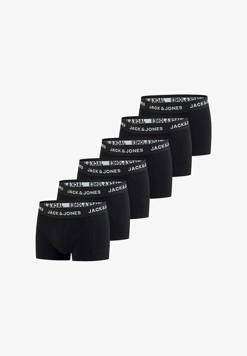 Zwarte boxershorts met elastische tailleband met het logo "JACK & JONES". Zes paar afgebeeld in een rij, gemaakt van een zachte, rekbare stof.