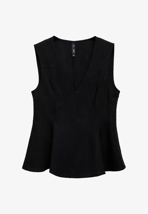 Black sleeveless top with a V-neckline, flared hem, and smooth texture. Features a simple design with no visible patterns or accents.