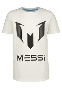 T-shirt en coton blanc avec un grand design abstrait noir au-dessus du texte "MESSi" en lettres noires en gras. Manches courtes, coupe standard.