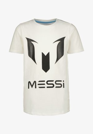 Biała bawełniana koszulka z dużym czarnym abstrakcyjnym wzorem nad napisem "MESSi" dużymi czarnymi literami. Krótkie rękawy, standardowy krój.