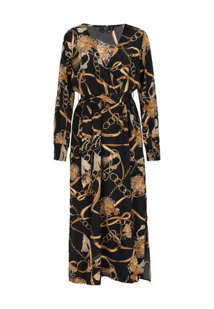 Long-sleeve wrap dress in black fabric, featuring gold floral and chain patterns, a fitted waist with a belt, and a flowing silhouette.