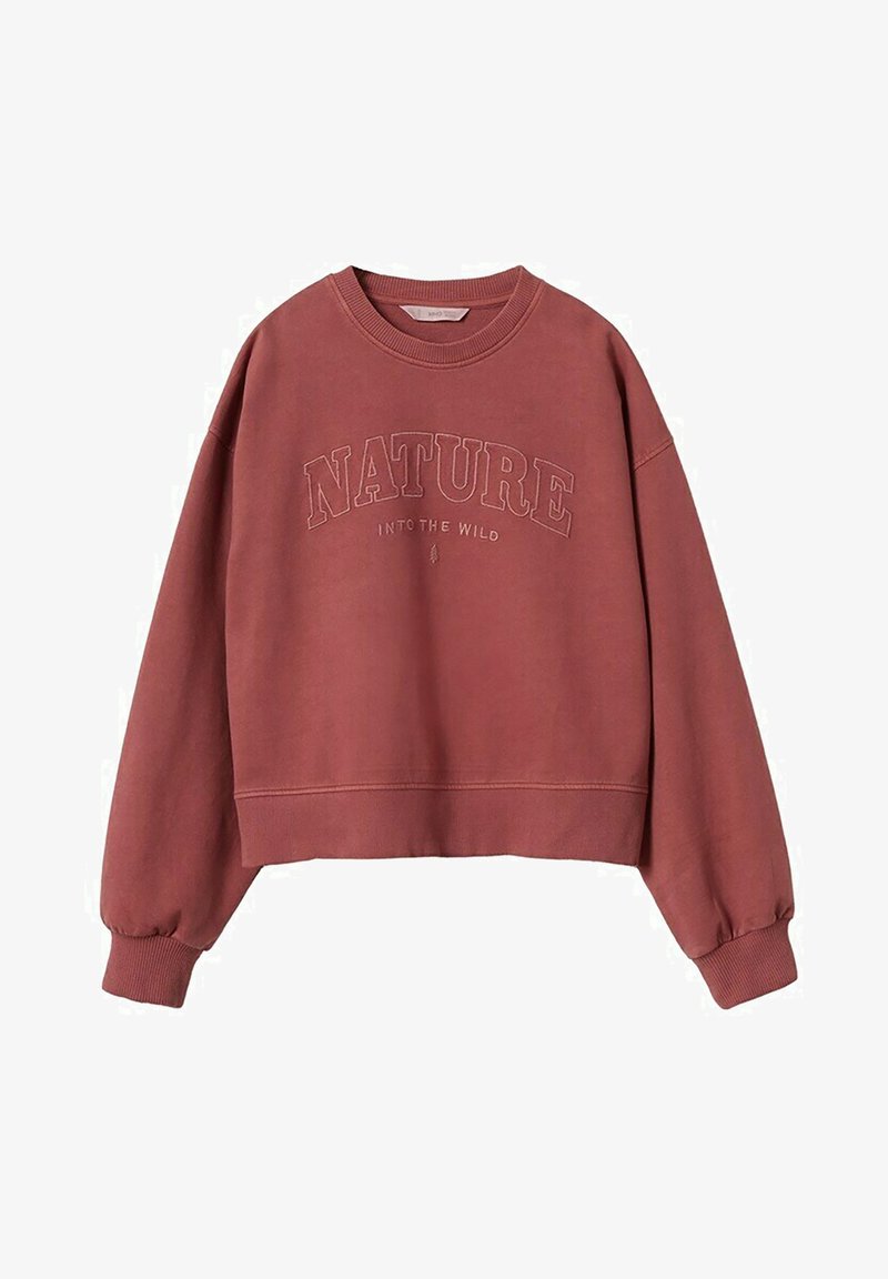 Sweatshirt à col rond couleur rouille avec poignets et ourlet côtelés, portant le texte "NATURE INTO THE WILD" brodé sur le devant.