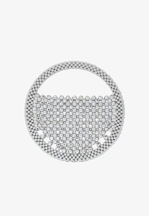 Geantă rotundă acoperită cu paiete argintii, cu un finisaj texturat. Dispune de o mânere circulară și un design de tip open-top.