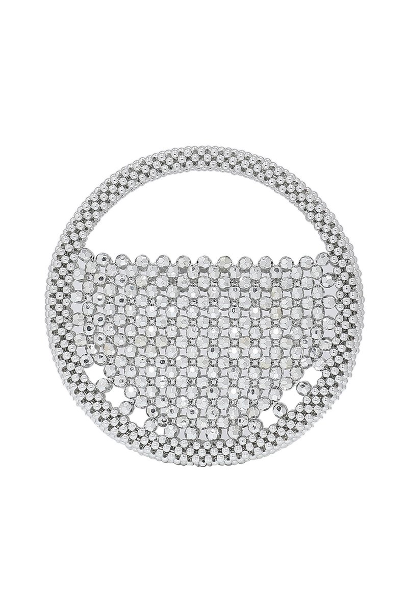 Ronde handtas bedekt met zilveren pailletten en een textuurafwerking. Heeft een ronde handgreep en een open-top ontwerp.