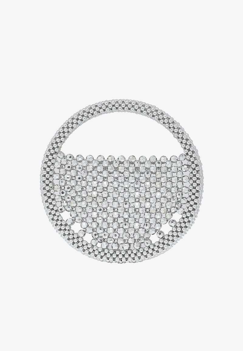 Kerek táska ezüst flitterekkel borítva, texturált felülettel. Kör alakú füle és nyitott teteje van.