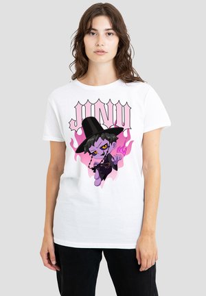 White cotton t-shirt featuring a cartoon character wearing a black hat, surrounded by purple flames and the word "JUNU" in bold lettering.