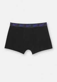 Svarta boxershorts av mjukt tyg, med en blå logotyp på det elastiska midjebandet, klassisk passform och utan extra mönster.