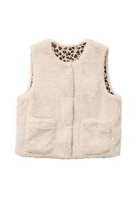 Gilet sans manches en fausse fourrure beige avec deux poches avant et doublure en tissu léopard à l'intérieur.