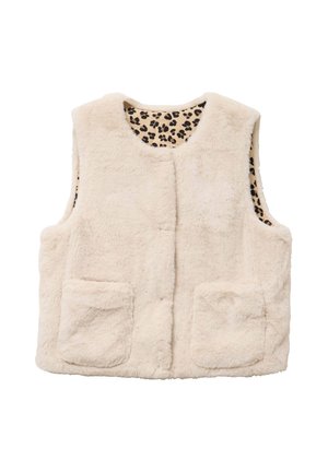 Beige mouwloze nepbont vest met twee frontzakken en een binnenvoering van luipaardprint stof.