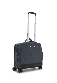 Valigia con ruote in tessuto denim scuro, due maniglie, una maniglia telescopica in alluminio, fondo nero e due ruote anteriori.