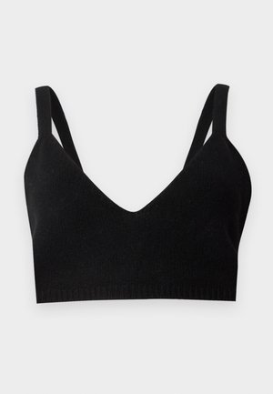 Black knit bralette featuring a deep V-neck, wide shoulder straps, and a ribbed band. Smooth texture with no visible hardware or accents.