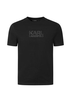 Zwart T-shirt met korte mouwen en ronde hals met geëmbossed "KARL LAGERFELD" logo in bijpassend zwart op de borst.