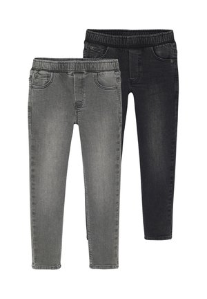 Zwei Paar Jeans mit elastischem Bund: eine in Dunkelgrau mit vorderen Taschen und eine in Hellgrau, beide im Slim-Fit-Design.