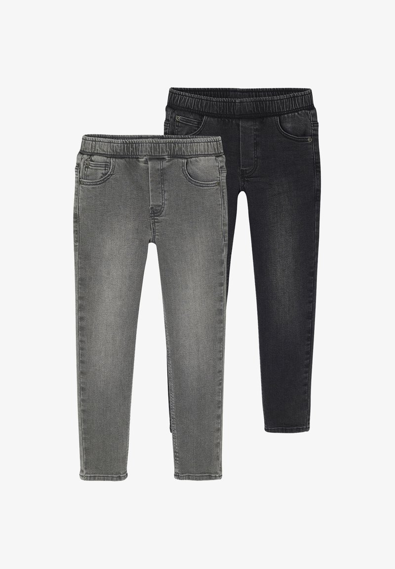 Two pairs of elastic-waist jeans: one in dark gray with front pockets, and one in a lighter gray, both in a slim fit design.