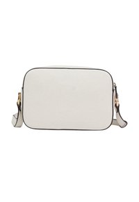 Borsa rettangolare in ecopelle bianca con piping nero a contrasto, tracolla regolabile e dettagli in metallo oro. Texture liscia con design minimalista.