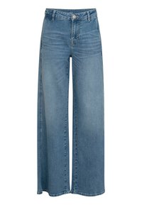 Lichtblauwe wijde jeans van denim, met een hoge taille, rechte snit en subtiele vervaging langs de stof.