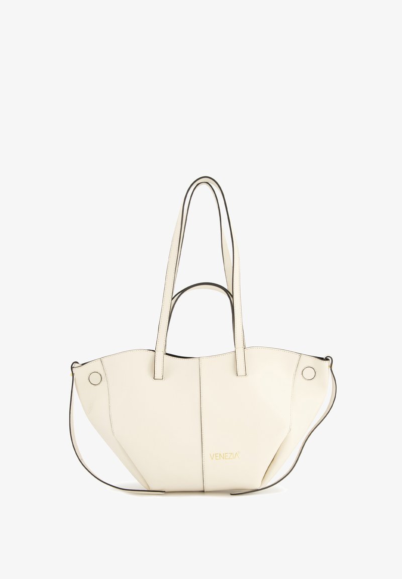 White leather tote bag with a unique shape, featuring dual handles and a detachable shoulder strap. Gold "Venezia" branding on front.