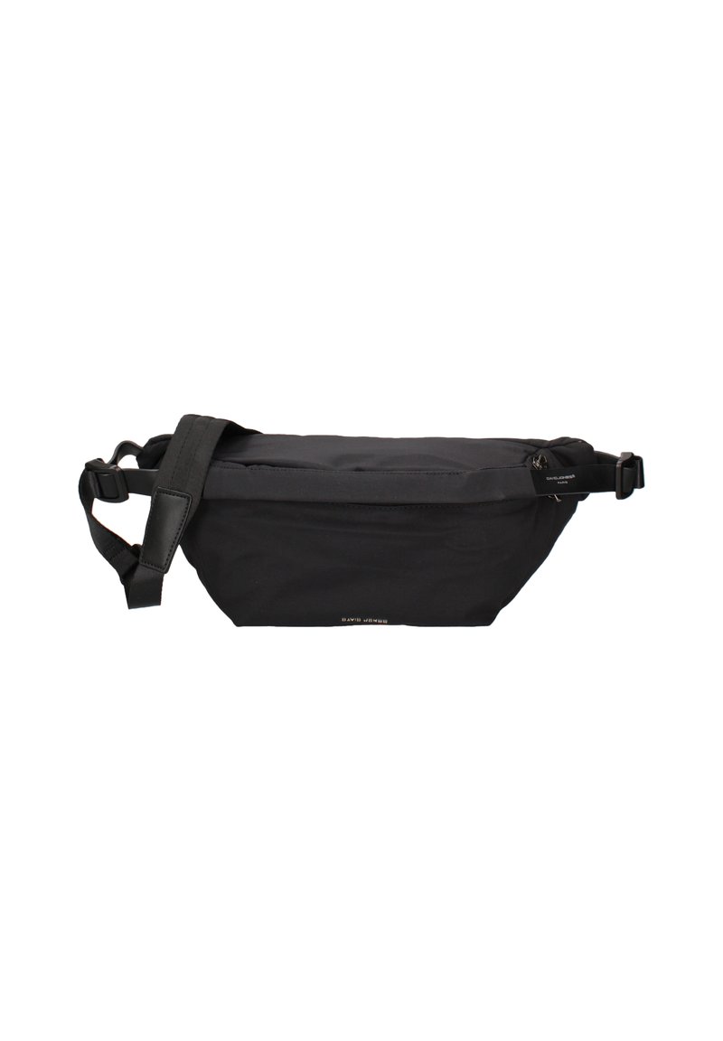 Marsupio nero in nylon con tracolla regolabile, chiusura con zip sulla parte superiore, texture liscia e design minimalista. Presenta un branding discreto.