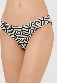 Μαύρο και άσπρο μαγιό κάτω με γεωμετρικό σχέδιο. Κατασκευασμένο από υφασμάτινη επιφάνεια με χαμηλή μέση και μέτρια κάλυψη.