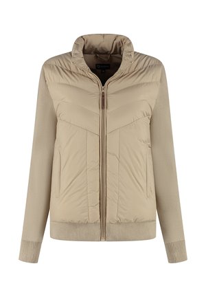 Beige zip-up jack met gevoerde voorkant en gebreide lange mouwen en zoom, met twee zijzakken en een staande kraag.
