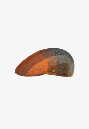 Flat newsboy cap in orange, brown, and gray plaid wool with a small round metal emblem on the side.