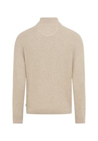 Maglione beige a maniche lunghe con colletto alto rotondo e tessuto lavorato a maglia testurizzato, mostrato di spalle.
