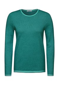 Grön långärmad tröja med ett strukturerat stickmönster, rund halsringning och kontrasterande ljusgrön kant vid kanterna och ärmslut.