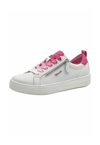Sneaker bassa bianca con dettagli rosa, lacci rosa, zip laterale e suola bianca.