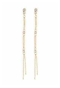 Gold-tone drop earrings feature alternating gold chains and clear crystals, with two dangling chains per earring for added texture.