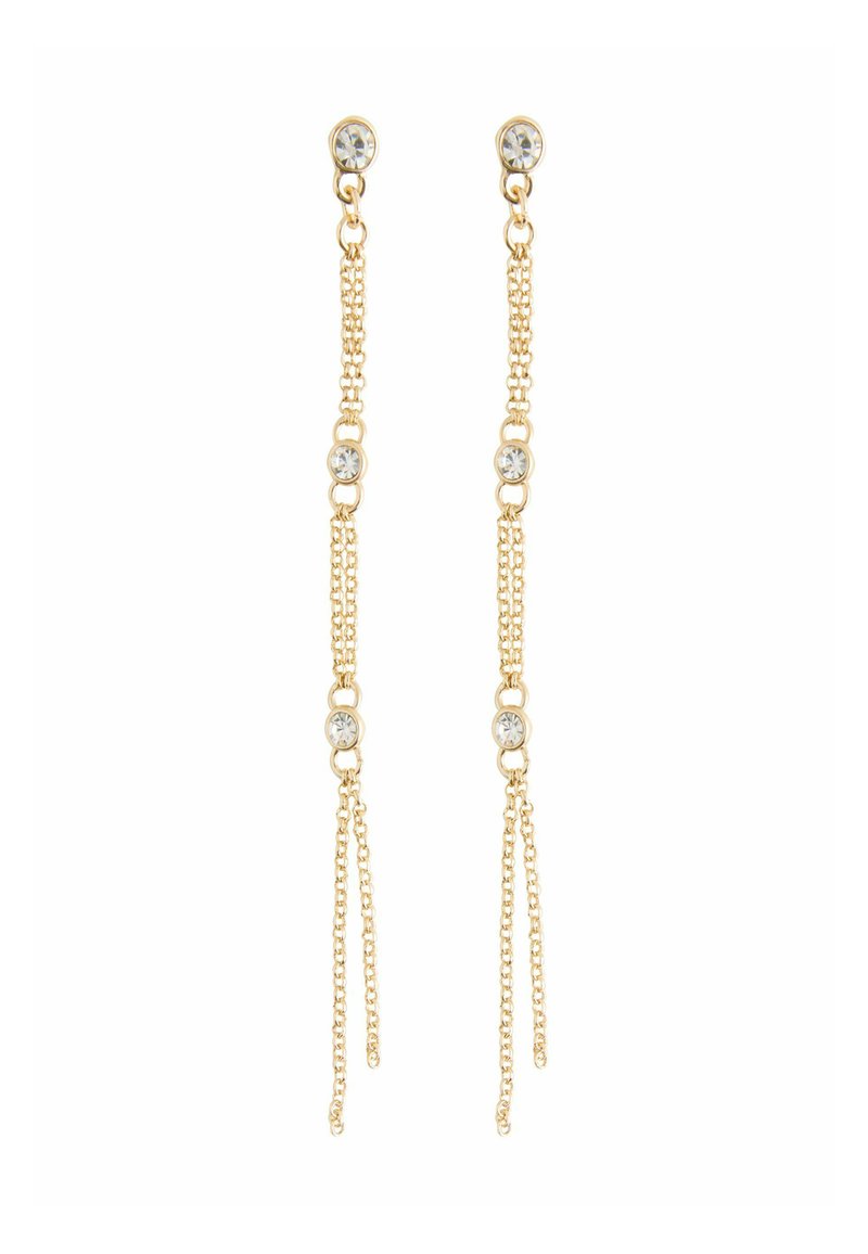 Gold-tone drop earrings feature alternating gold chains and clear crystals, with two dangling chains per earring for added texture.