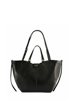 Czarna skórzana torba typu tote z dwoma uchwytami, regulowanym paskiem na ramię oraz złotym logo marki na środku przodu.